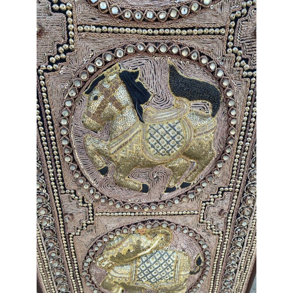 Vtg Burmese Thai Kalaga Tapestry Wall Art Elephant Peacock Lion Beaded 54” Large - Picture 16 of 16